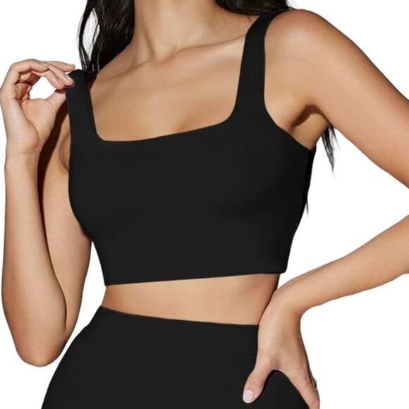 SHEIN Square Neck Buttery Soft Fabric Black Cropped Top - Picture 1 of 6